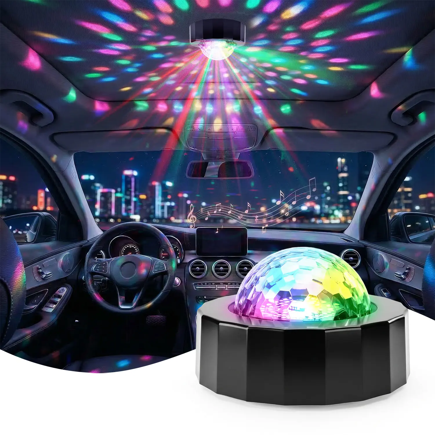 Car Disco Ball Light with 2 Modes (Sound Activated/Auto Flash) - Magnetic Base, Rechargeable Battery & USB Cable, Vehicle Party Lights for Interior Decor