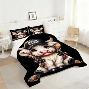 Whimsical Highland Cow Comforter Set, Cute Cartoon Style Bedding Set, Soft and Cozy Quilt with Playful Design, Perfect for Kids and Teen Bedroom Decor, Add Charm to Your Space!, Includes 1 quilt, with 1 or 2 Pillowcase No Pillow Core