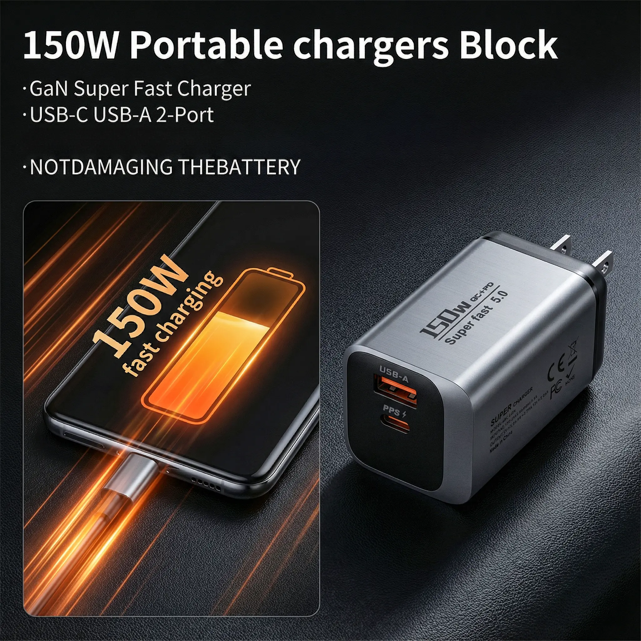 150W GaN Portable Fast Charger Adapter - 2-Port Dual Charging C-Type & USB-A Smart Charging Adapter for MacBook, Dell, Samsung Galaxy, iPad Pro & More, Adapter Adapters, C-Type Adapters