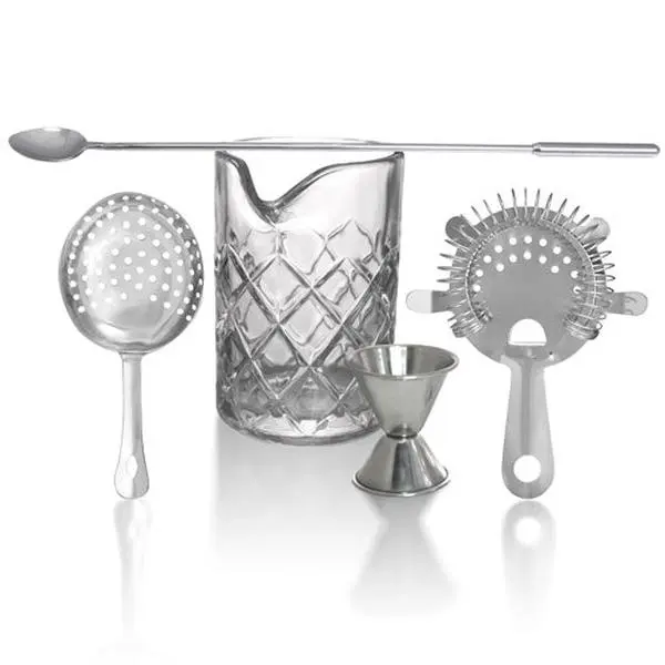 High-End 5-Piece Bar Utensils Set - Classic Diamond Pattern Cocktail Stirrers, 13oz Oval Glass, Double-Sided Jigger, Master Mixology Kit for Home Mixologists' Kitchen Use