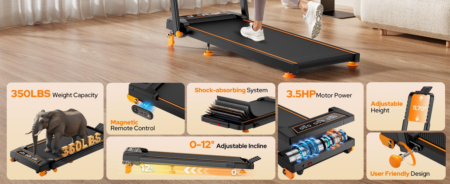Trisomy 4-in-1 Compact Foldable Treadmill with 12% Incline, Adjustable Handlebar, 3.5HP Motor - Under Desk Walking Pad for Home Gym, 350lbs Heavy Duty HSM-T12C1, Fitness For Everyone