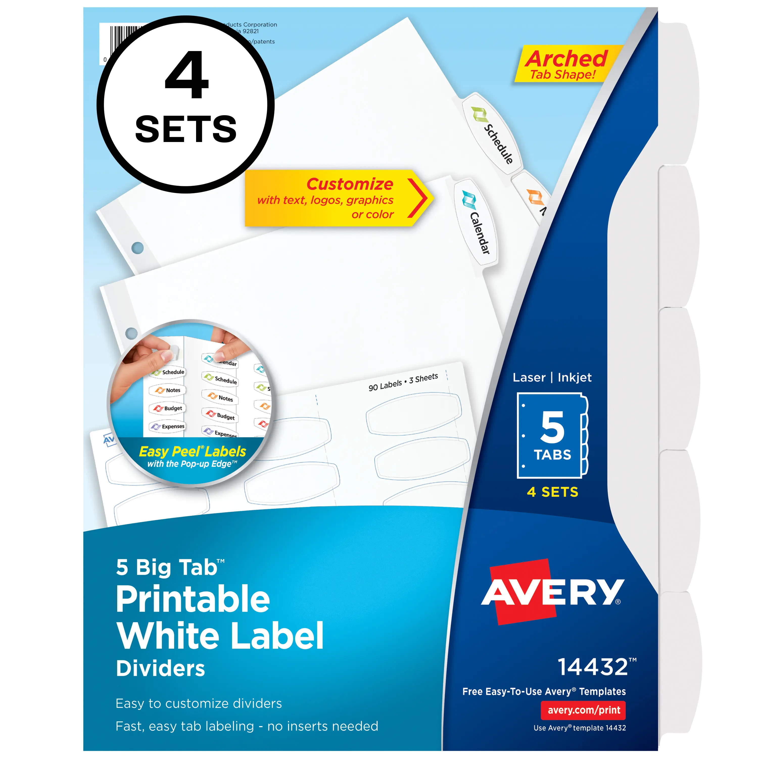 Avery Big Tab Printable White Label Dividers with Easy Peel, 5 Tabs, 4 Sets (14432)