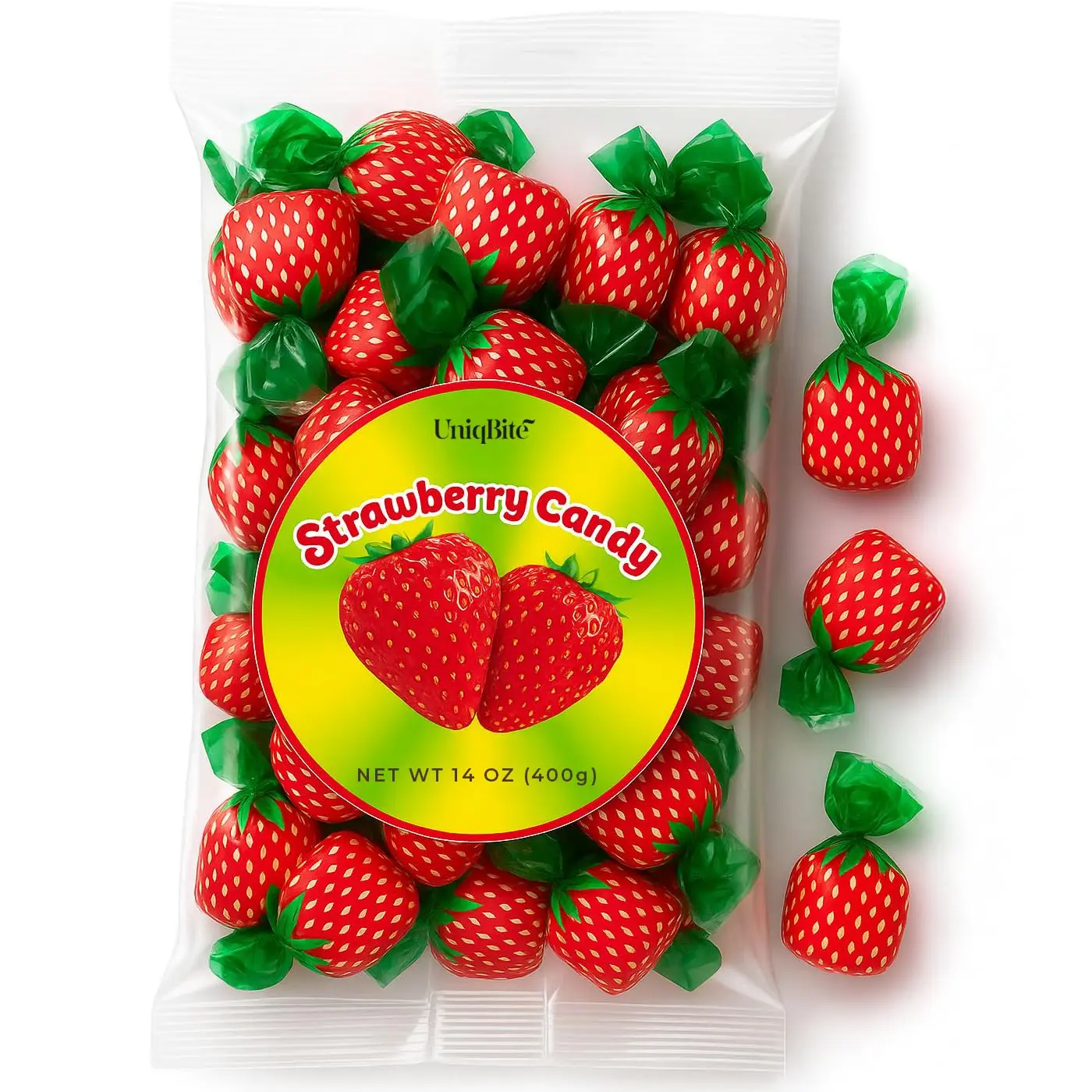 UNIQBITE Strawberry Bonbon Candy – Fruit-Filled Hard Candies with Jam Center, Individually Wrapped, Gluten-Free, 14 oz (400g)