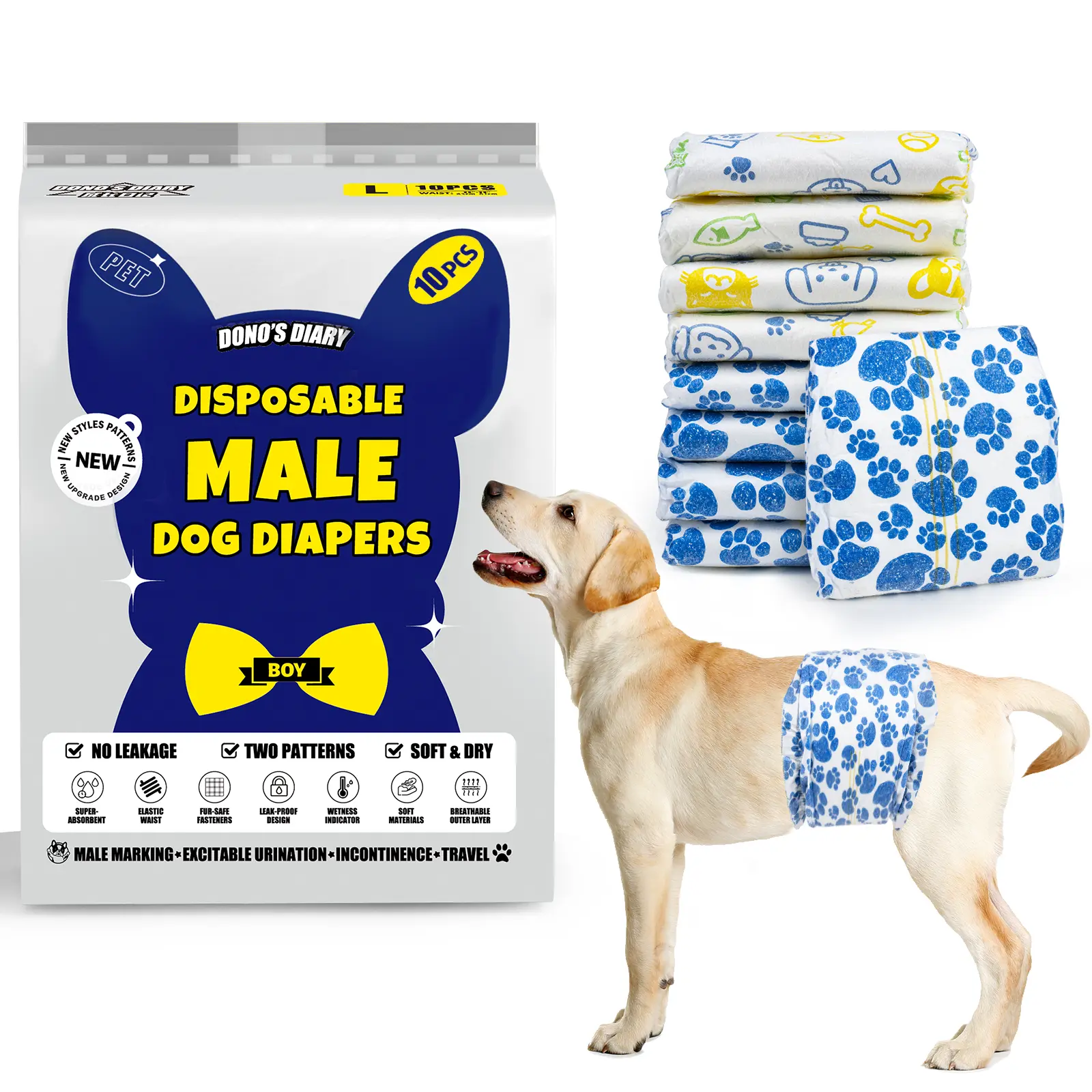 Dono Disposable Male Dog Diapers - Leak-Proof Puppy Diapers, Excitable Urination Incontinence ,Puppy Training,Senior dog diapers, XS-L Sizes, 2 or 6 Bags, Blue Paw & Cute Cartoon Design, Wetness Indicator, Rapid-Dry Gel Tech, Fast Absorption