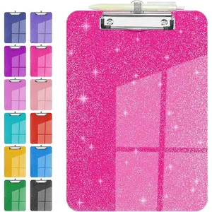 Sparkly Clipboard with Pen Holder, Clear Plastic Glitter Clip Board,  Shiny Clipboards with Low Profile Metal Clip, Letter A4 Size for Taecher Women Office School (Rose Red)