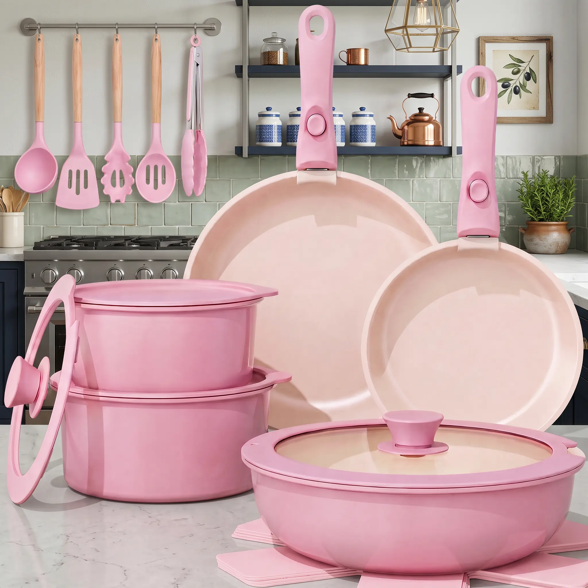 [Official] TAKSAT Multi-Size 19/21-Piece Ceramic Coating Non Stick Cookware Set, Nontoxic, Oven-Dishwasher-Induction Safe, with Removable Handles, Pot Trivets, Silicone Accessories, Frying Pan for Everyday Cooking, Contemporary Look Kitchen Supplies,famil