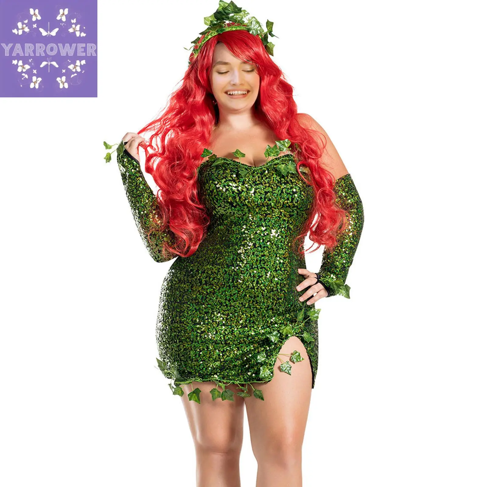 Deluxe Green Ivy Costume for Women, Sleeveless Fake Leaves Sequin Dress with Gloves Set