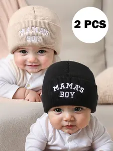 2pcs Baby Beanie Hat, Infant Newborn Toddler Winter Warm Knit Cap, Casual Letter Pattern, Outdoor Accessories for Boys & Girls, Knitting Beanie