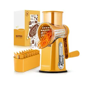 SUSTEAS Rotating Cheese Grater Food Chopper with Handle, with 5 Well-Designed Blades and Strong Suction Cup Base, Comes with 1 Blade Storage Box Kitchen Utensils