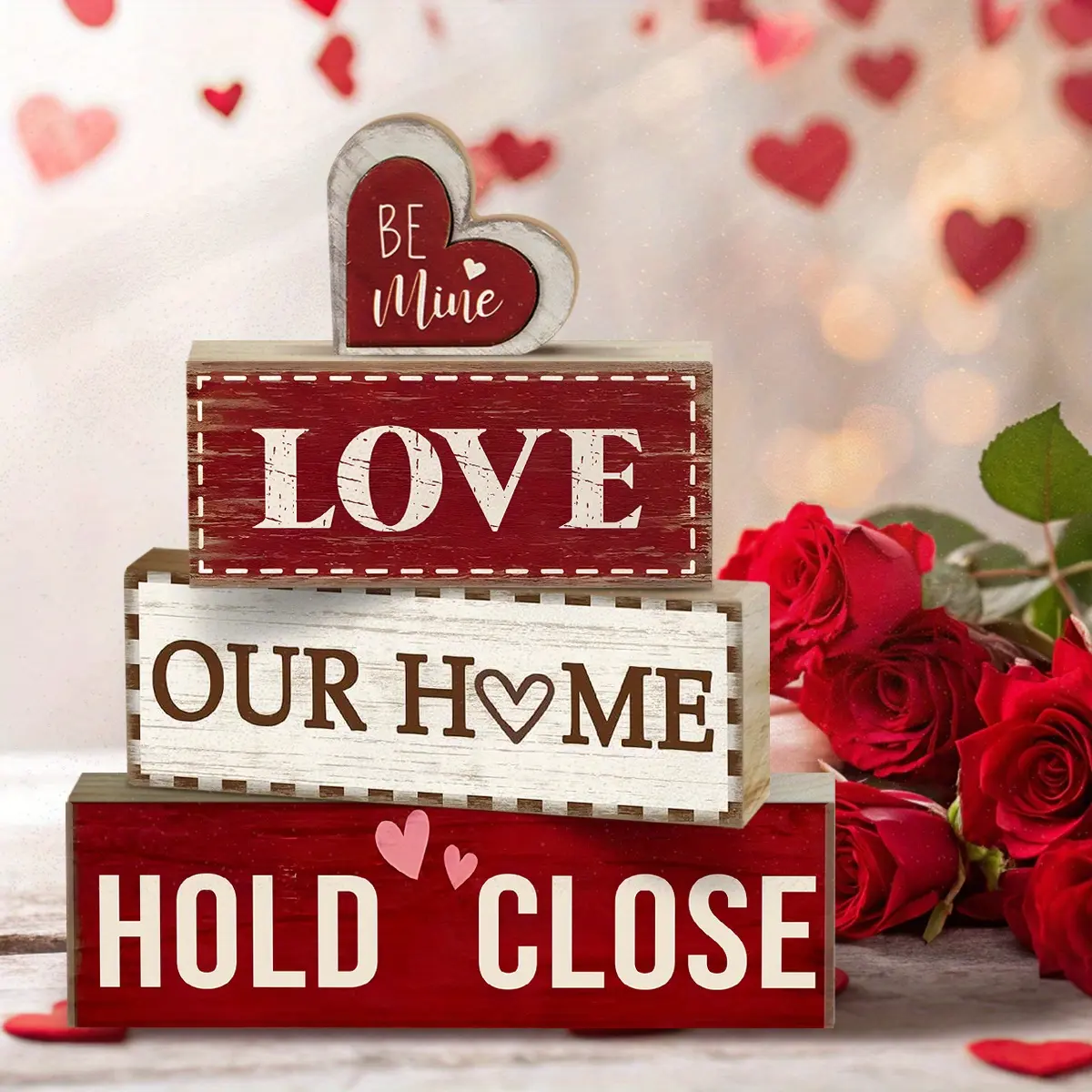 4 Pcs Valentine Table Decor Wooden Red Love Decoration, Valentine's Day Valentine Out home Centerpiece, Sweet home Tiered Tray Decor Red Heart Block Signs Gift for Farmhouse Home Kitchen, Wooden Letter Sign, valentine's day display set