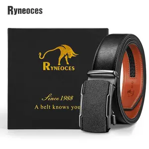 RYNEOCES Men's Leather Ratchet Belt, Adjustable Easy Release Buckle, Custom Fit Durable Designer Belt for Dress and Casual Daily Wear