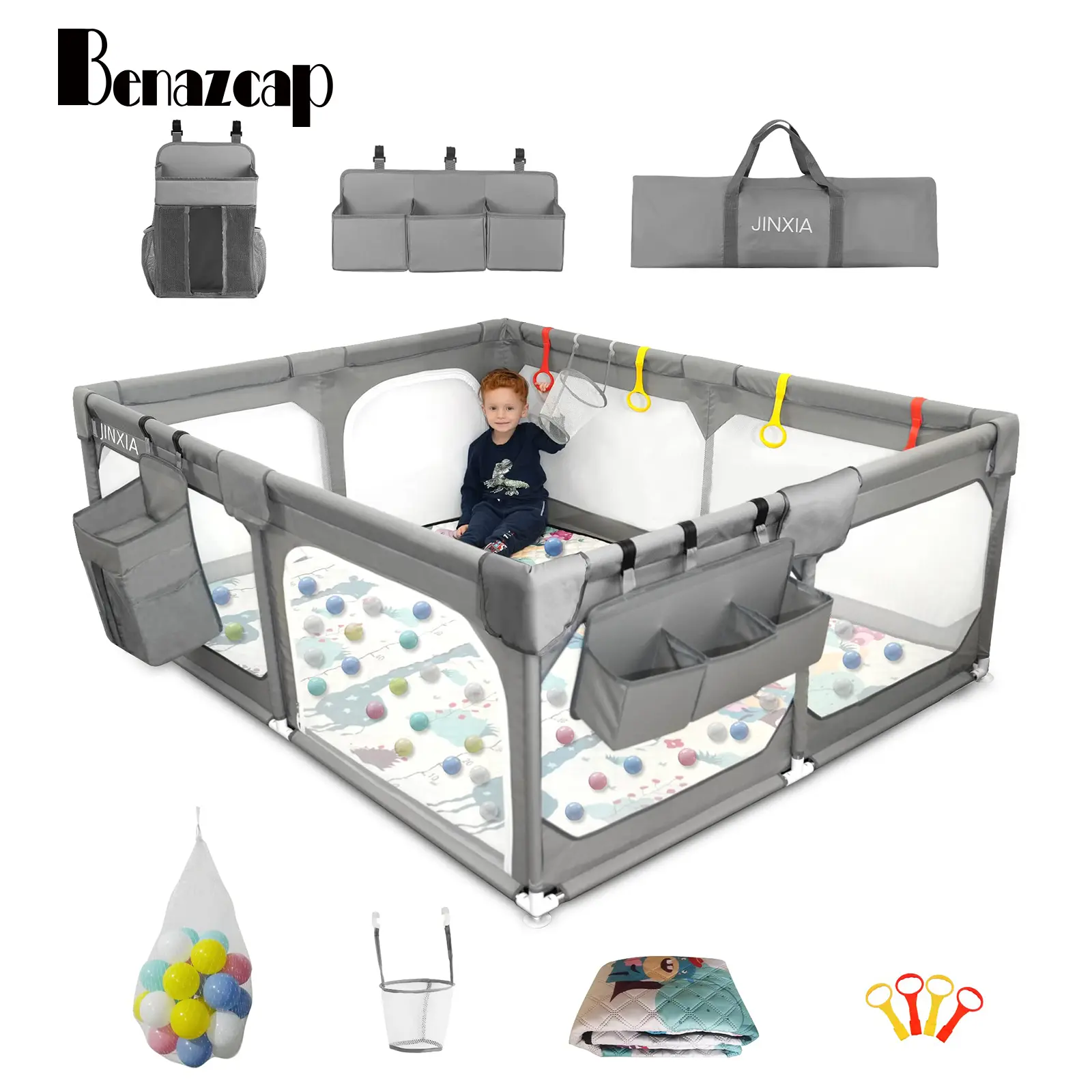 Benazcap Extra Large Baby Playpen with Mat, BPA-Free, Safe No Gaps Design for Indoor/Outdoor Fun, Gift for Expectant Mothers, Grey playpen Infant Sturdy Fence