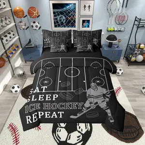 Ice Hockey Comforter Set,Winter Ice Sports Games Bedding Set for Kids Adults Bedroom Decor,Stick Hockey Puck 7pcs Bed in a Bag