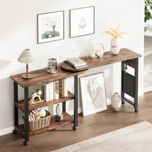 Rotating End Table with Charging Station - 360 Sofa Side Table with Extra Storage Bag & 2-Tier Storage Shelf, 6 Swivel Casters, Extendable Couch Snack Tables, Mobile L-Shaped Laptop Desk