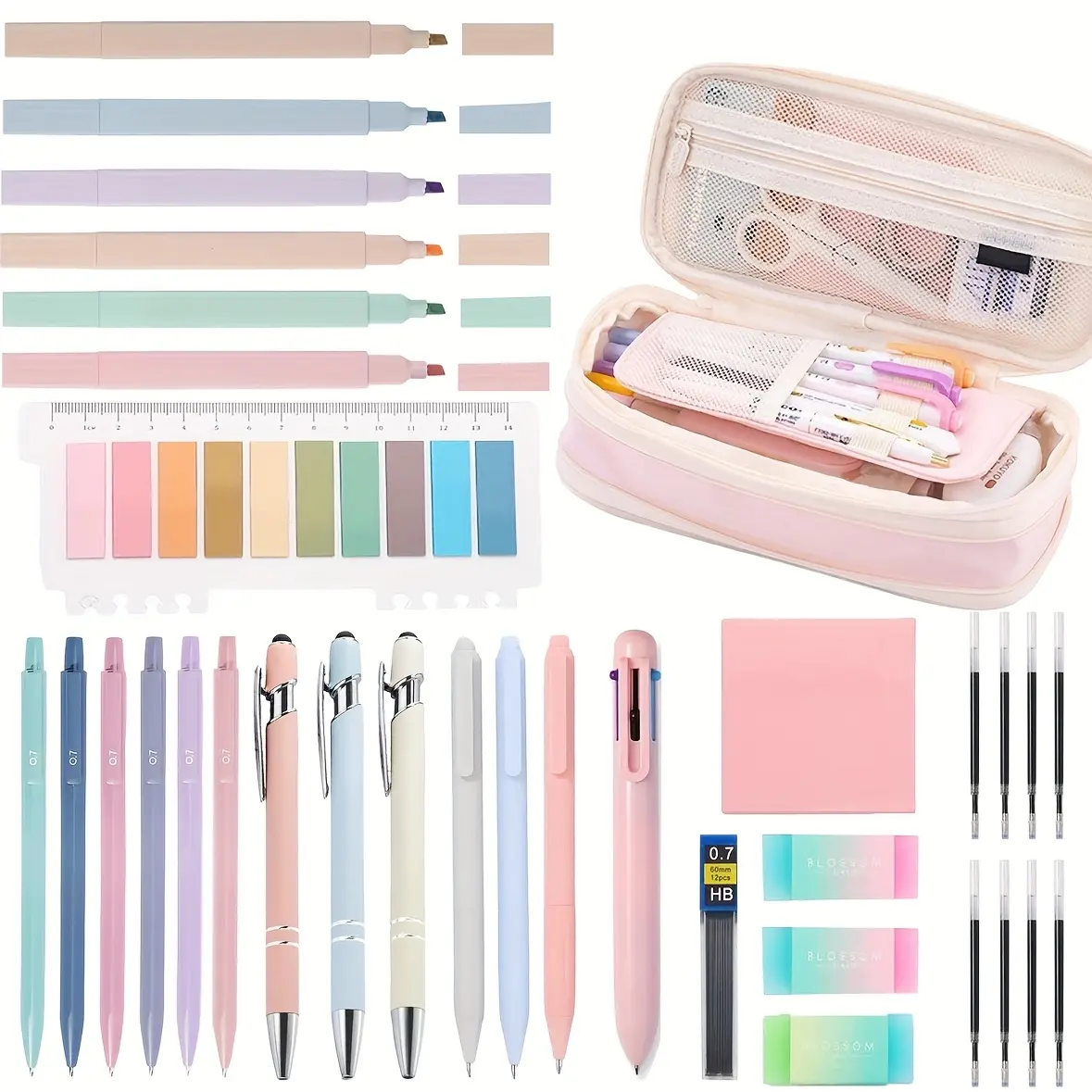 34-Piece Cute Look Office & School Stationery Set - 6 Pastel Highlighters for Highlighting, 5 Touchscreen Stylus Pens, 6 0.7mm Mechanical Pencils, College Essentials for Bible Study Girls