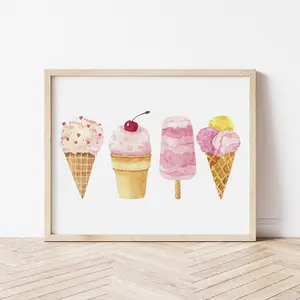 Summer Nursery Wall Art, Playroom Decor, Neutral Kids Room Art, Watercolor Ice Cream Print, Summer Dessert Wall Art, Unframed Room Decor