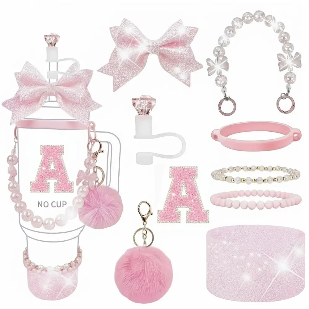 9pcs Sparkly 40oz Silicone Tumbler Accessories Set, Drinkware, Includes Bow Decor, Rhinestone Initial Letter Sticker, Bead Chain Decor, Straw Toppers, Perfect Gift for Women