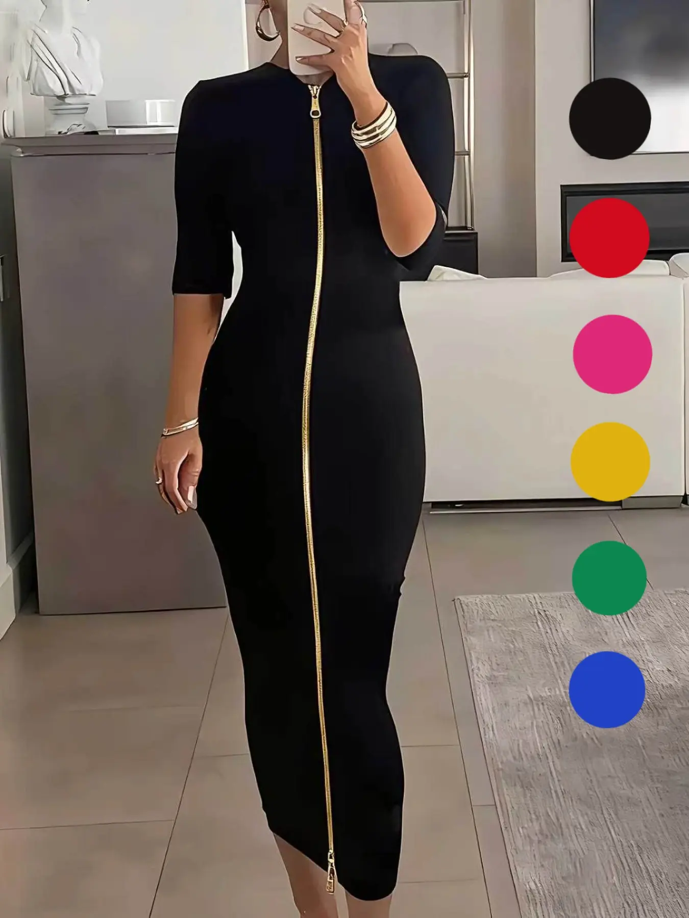 Women's Two-In-One Zipper Elegant Minimalist Basic Fit Bodycon Midi Dress, Three-Quarter Sleeve Boat Neck, Elastic Knit, Spring Summer Fall Casual Daily Wear, Womenswear