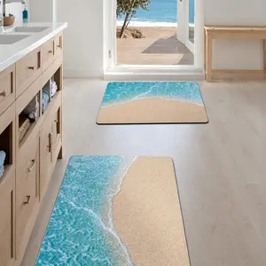 Beach & Waves Pattern Bath Mat, 1 Count Non-slip Bathroom Rug, Water Absorbent Bath Mat, Bathroom Drying Doormat, Bathroom Accessories