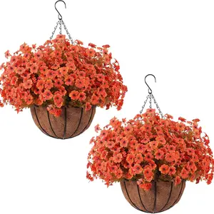 2 sets of artificial outdoor flowers with hanging baskets. Each set contains 2 orange chrysanthemums in hanging baskets. Ideal for decorating autumn porches, gardens, and home patios (2 sets, orange).