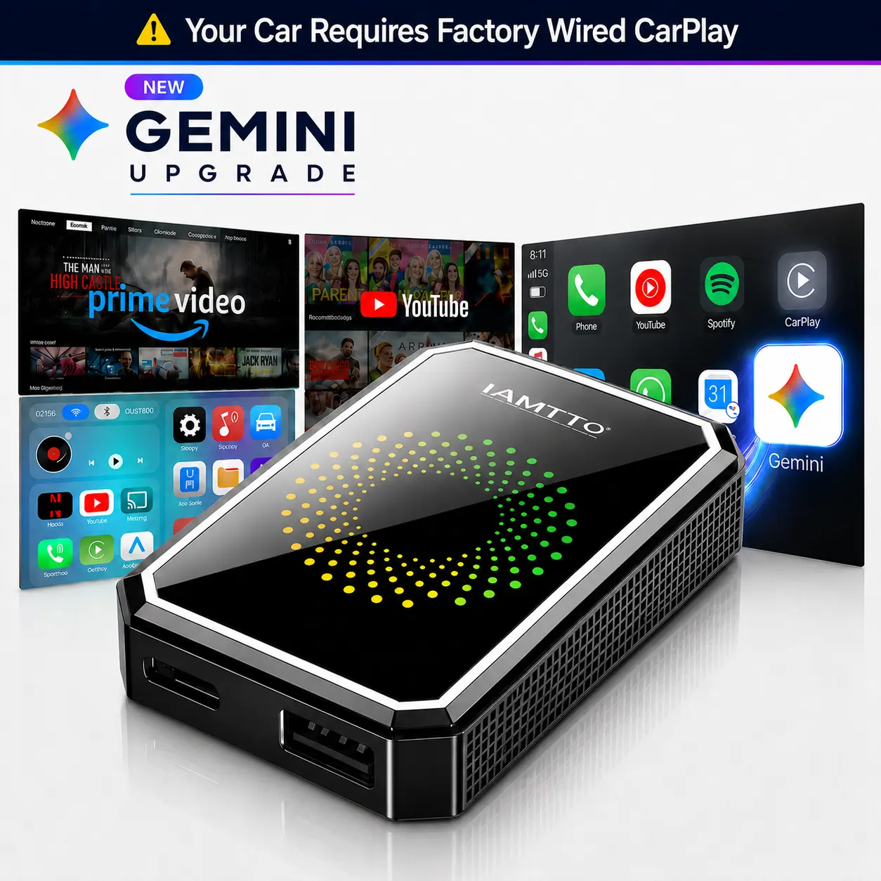 【Check Compatibility】LAMTTO 2026 Wired to Wireless CarPlay & Android Auto Adapter with Built-in Netflix, YouTube, TikTok & Gemini AI via Phone Hotspot | for Factory Wired CarPlay/AA Touchscreen Cars | Not for Tesla, BMW or Wireless CarPlay/AA