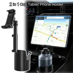 2 in 1 Cup Tablet & Phone Mount, Cup Holder Phone Mount Cradle Stand for Car, Car Large Adapter Long Arm with 360° Rotation, Adjustable Car Bottles Drink Holder Universal for iPhone Samsung Galaxy, for iPad Pro Mini Air