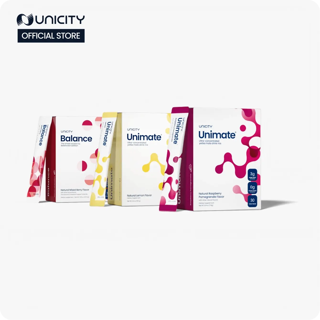 Unicity Feel Great - Lemon Unimate (1) - Raspberry Pomegranate Unimate (1) - Mixed Berry (1) - 30-day supply