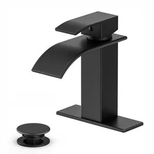 Black Bathroom Faucets Modern Waterfall Bathroom Sink Faucet Matte Black Single Handle Bathroom Faucet for 1 or 3 Holes with Deck Plate and Pop-Up Drain, Rv Sink Camper Farmhouse Bathroom Faucet
