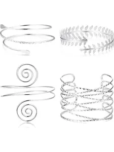 4Pcs Upper Arm Cuff Bracelet Coil Open Arm Bracelet for Women Girls Adjustable Victorian Filigree Swirl Leaf Boho Armband Smooth Open Bangle Armlet Fashion Wrist Wrap Bracelets Silver Gold Stackable Bracelets