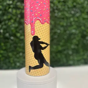 Baseball Drip Tumbler - Customizable Drinkware with Black Silhouette Design and Pink Drip Accents - Bottle