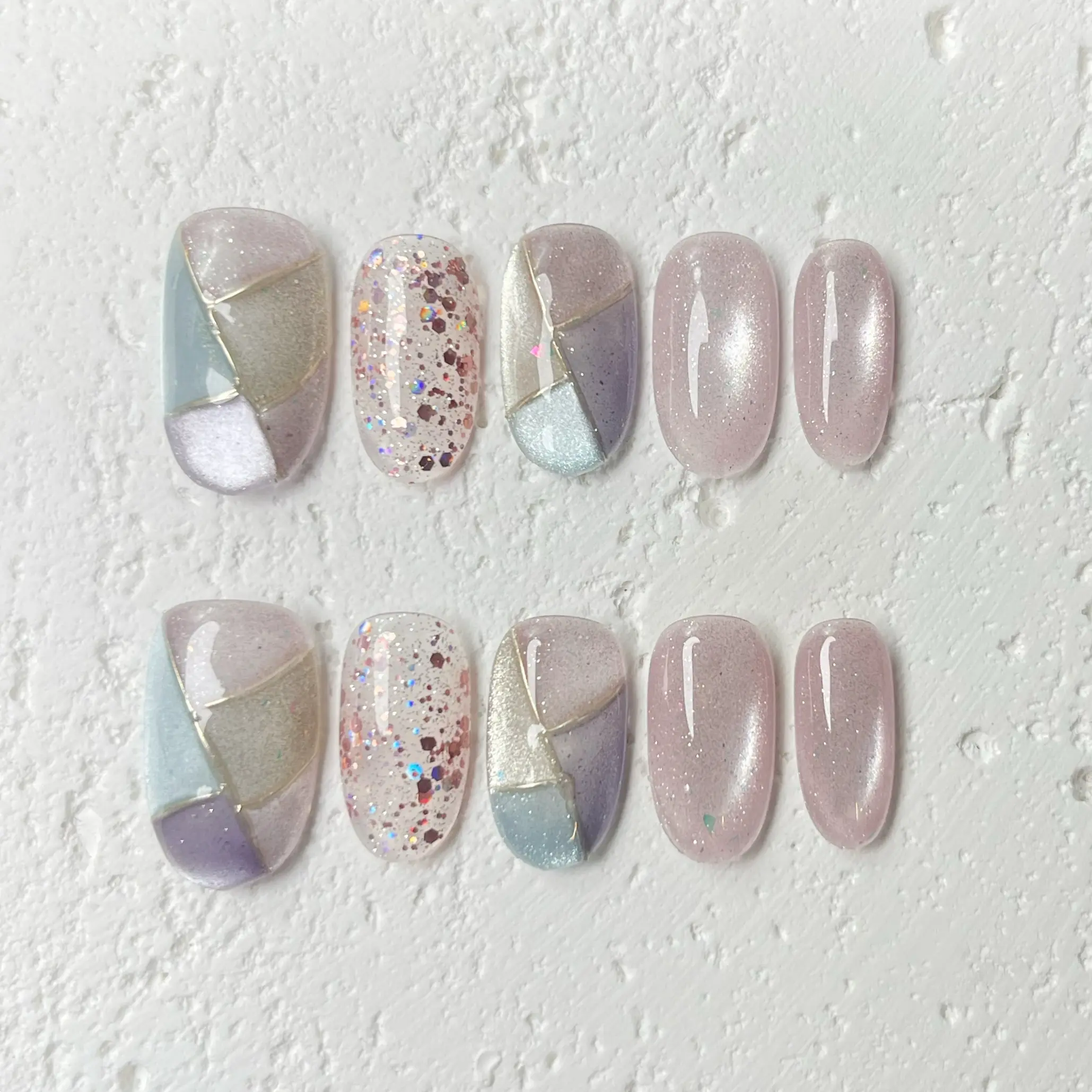 [Cosmic Mosaic] Short Oval Acrylic False Nails Kit, Handmade Wearable Press-Ons with Jelly Stickers & Manicure Tools, DIY Reusable Durable for Nail Art Designs, Diy Fake Nails