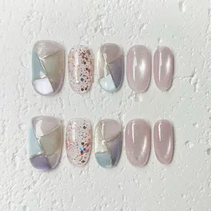 [Cosmic Mosaic] Short Oval Handmade Press on Nails, Fake Nails with Nail tool kit with Jelly Stickers, Reusable, Durable