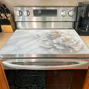 1pc stove cover, Stove plate, white peony flower design, embedded in marble background, white and sand colors, heat-resistant and scratch resistant, easy to clean, durable material, stove mat, Household, suitable for any kitchen style, kitchen decoration