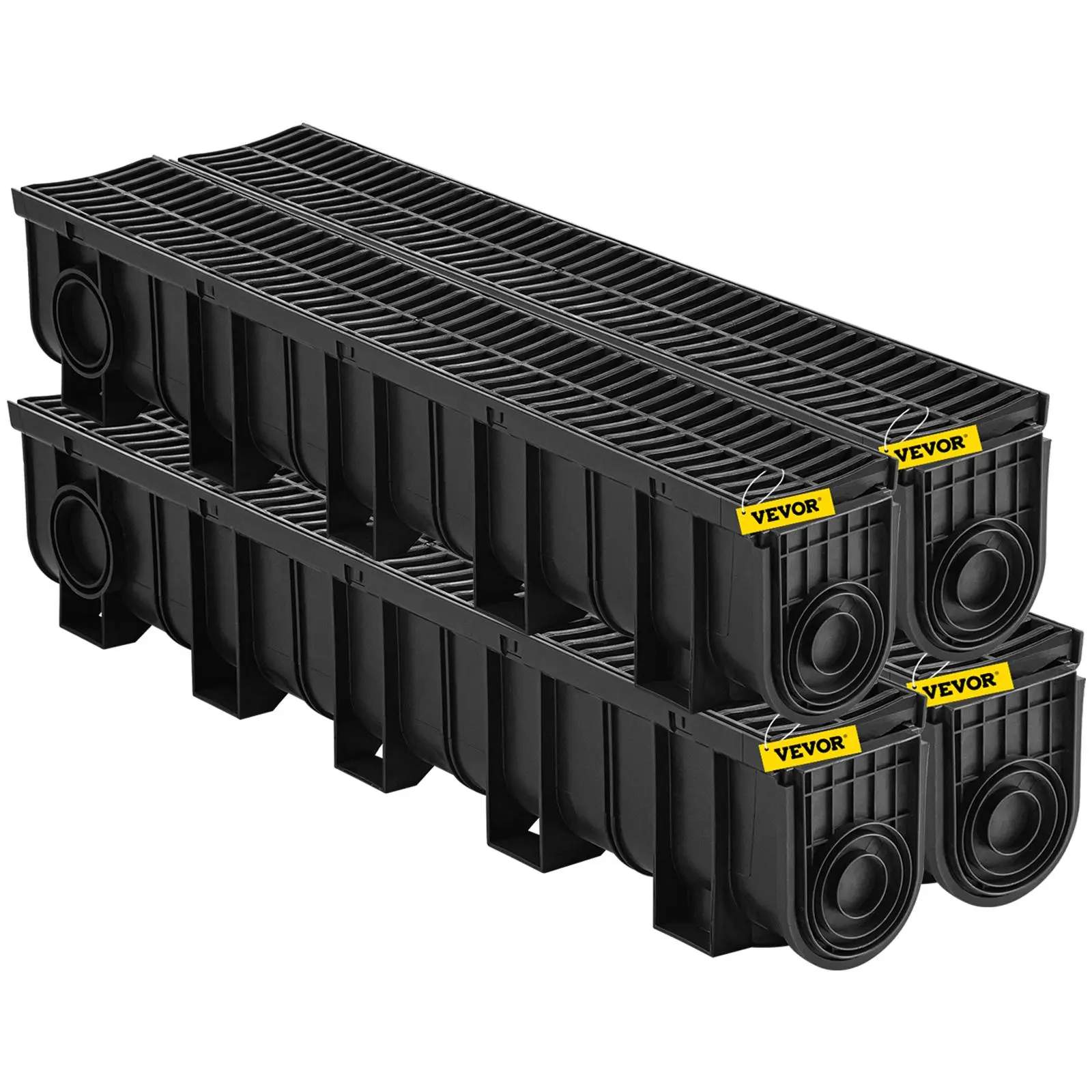 【Summerfinds】VEVOR Trench Drain System Channel Drain with Plastic Grate5.9x7.5-Inch HDPE Drainage TrenchBlack Plastic Garage Floor Drain4x39 Trench Drain Gratewith 4 End Capsfor GardenDriveway-4 Pack