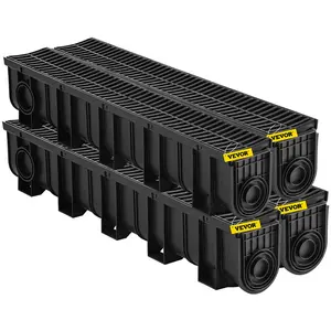 VEVOR Trench Drain System,  Channel Drain with Plastic Grate, 5.9x7.5-Inch HDPE Drainage Trench, Black Plastic Garage Floor Drain, 4x39 Trench Drain Grate, with 4 End Caps, for Garden, Driveway-4 Pack
