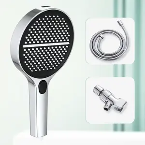 5.69-inch super large panel handheld showerhead features four water modes.It provides a powerful water flow that envelops your entire body and comes with a bracket and a 59in' soft hose,silver and black.