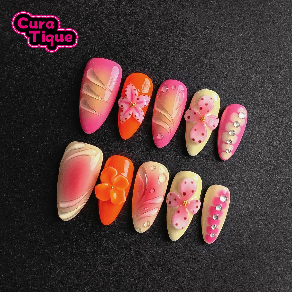 CuraTique Petal Perfection Reusable 3D Gel Look Press On Nails - 10PCS Handmade Beauty Products, Cute Glam for 2025 Spring/Summer Prom, With Box, Reusable Nails