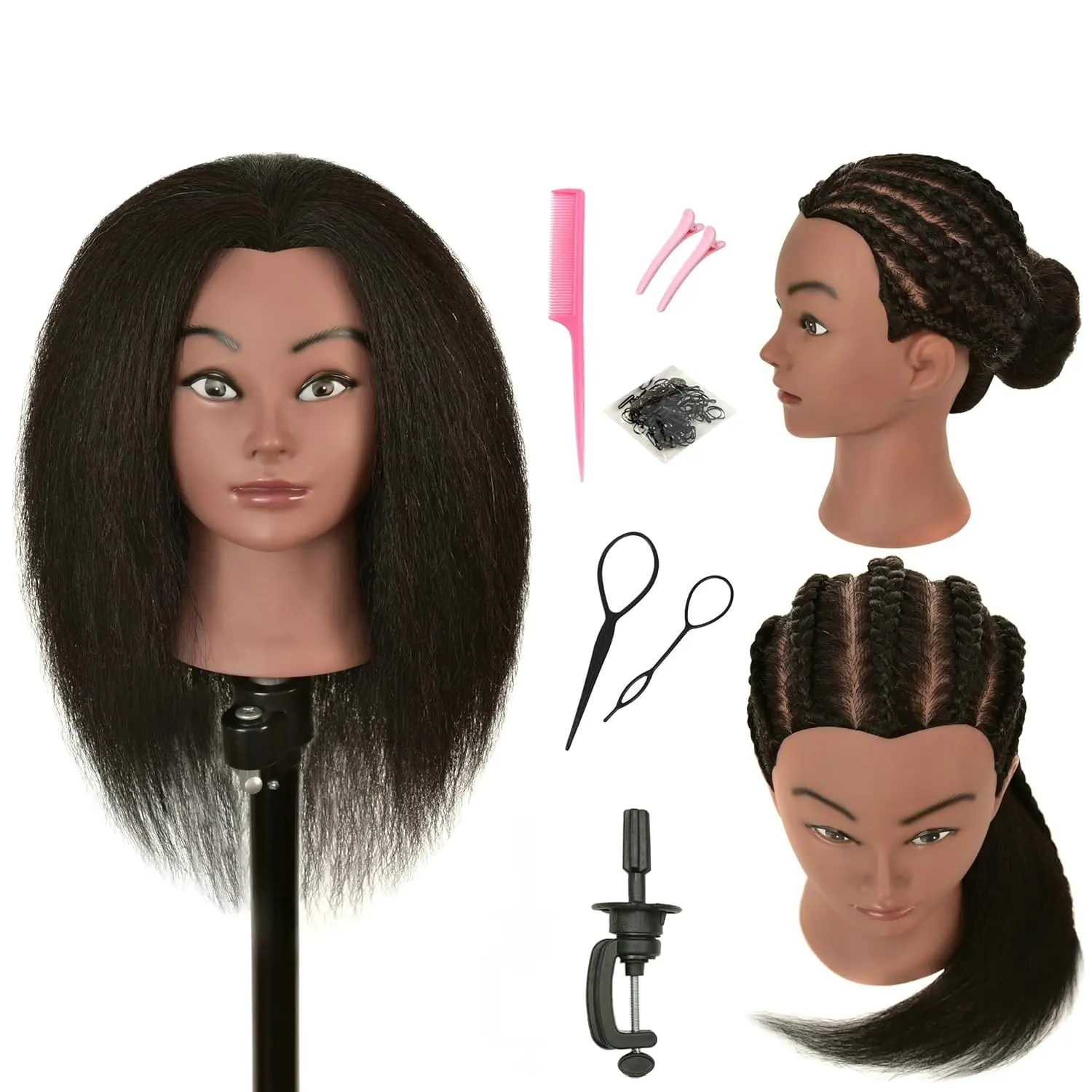 RIHANNAHAIR Real Human Hair Mannequin with Mannequin Stand - 22in Strand Salon Commercial Furniture, Unisex Cosmetologists Use, Curling, Braid Practice, Bleaching, Afro Look, Tripod Base/Table Mount, All Hair Washed & Disinfected