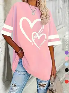 Women's Casual Round Neck Half Sleeve Heart Love T-Shirt, Comfortable Breathable Loose Fit Baseball Top, Perfect for Daily Wear, Fashion Versatile Ladies' Clothing