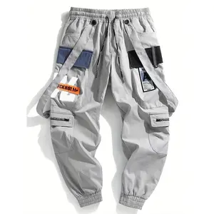 Men's Multi-Pocket Cargo Pants - Lightweight Polyester, Loose Fit with Drawstring Waist & Zippered Pockets, Casual & Sporty Joggers for Students, Machine Washable, Gray, Jogging Pants