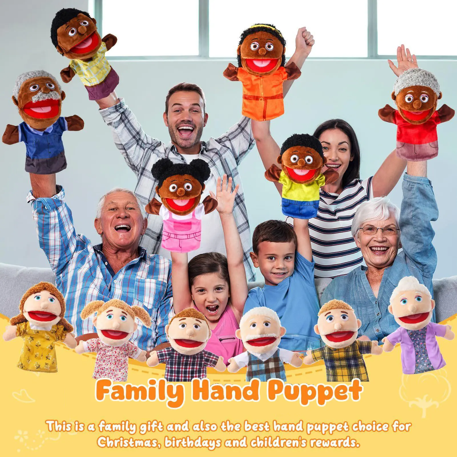 Family Hand Puppets 12 Inch Grandparents, Mom & Dad, Brother & Sister ...