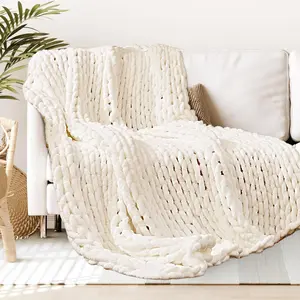 【Deals For You!】1 count,Touchat Chunky Knit Blanket Throw, White Crochet Chenille Throw Blanket, Handmade Cozy Cream Cable Knit Throw Blanket Boho Bedroom Decor, Soft Fluffy  Knot Blanket for Couch Bed cute blankets Machine Washable Gift