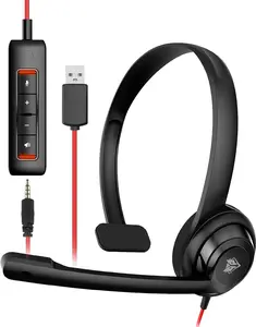 HW02 USB Headset with Microphone Noise Cancelling &in-line Control, Ultra Comfort Computer Headset for Laptop pc, On-Ear Wired Office Call Center Headphone for Boom Skype WebinarsBlack