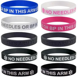 "NO NEEDLES OR BP THIS ARM" Medical Alert ID Silicone Bracelet Wristbands 5 Pack