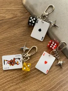 Playing Card & Dice Key Chain with Star Pendant, Spade Diamond Club Alloy Metal Keyring, Bag Charm, Car Keychain, Phone Strap, Keychain for Bags