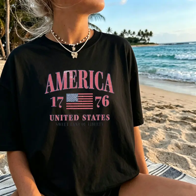 Women's 4th of July Oversized Seamless Graphic Tshirt - Bold 4th Print, Soft 100% Cotton, Short Sleeve, Round Neck, Lightweight, Seamless Underarms, All-Season Casual Top, Cold Wash Friendly, Custom Made