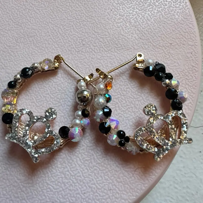 Black and Silver Junk Earrings with Black and Clear Rhinestones Featuring Crown Design and Colorful Beads