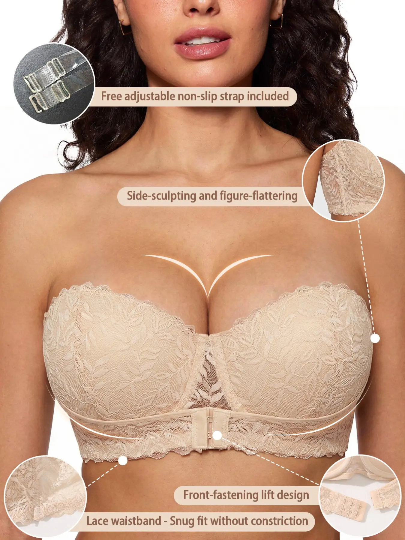 Women's Solid Color Contrast Lace Push Up Underwire Bra with Removable Strap, Strapless, Sexy Front-Closure Half Cup Triple-Breasted Bra, Soft Comfortable Breathable Fit Lingerie Underwear for Daily Wear, Lace Trim Bra, Bras with Underwire