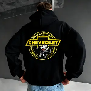 Felix Chevrolet Yellow Circle Cat Hoodie – Casual Men’s Graphic Hooded Sweatshirt| Iconic Felix The Cat Hoodie| Vintage Chevy Car-Inspired Sweatshirt| Fun Cartoon Sweatshirt for Men