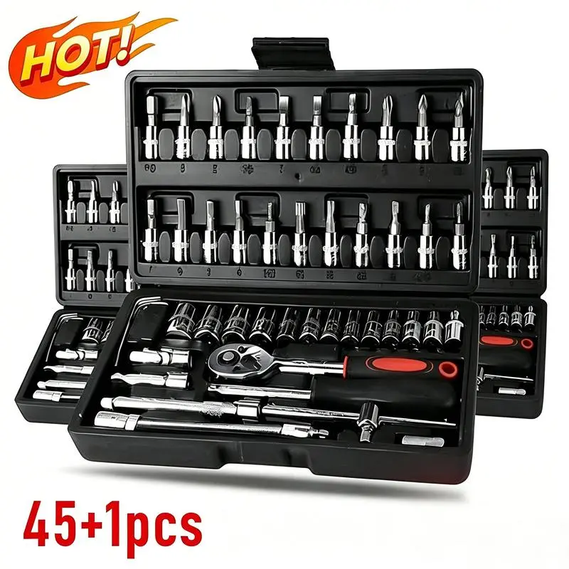 46pcs 1/4-in Drive Socket Ratchet Wrench Set, Metric Bit Sockets & Extension Bar, Auto/Household Repair Tools with Storage Case, Hardware Gift for Men,Father's Day Gift